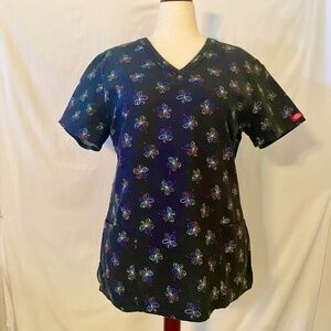 Dickies Black V-Neck Scrub Top with Techno Color  Flowers Size XL